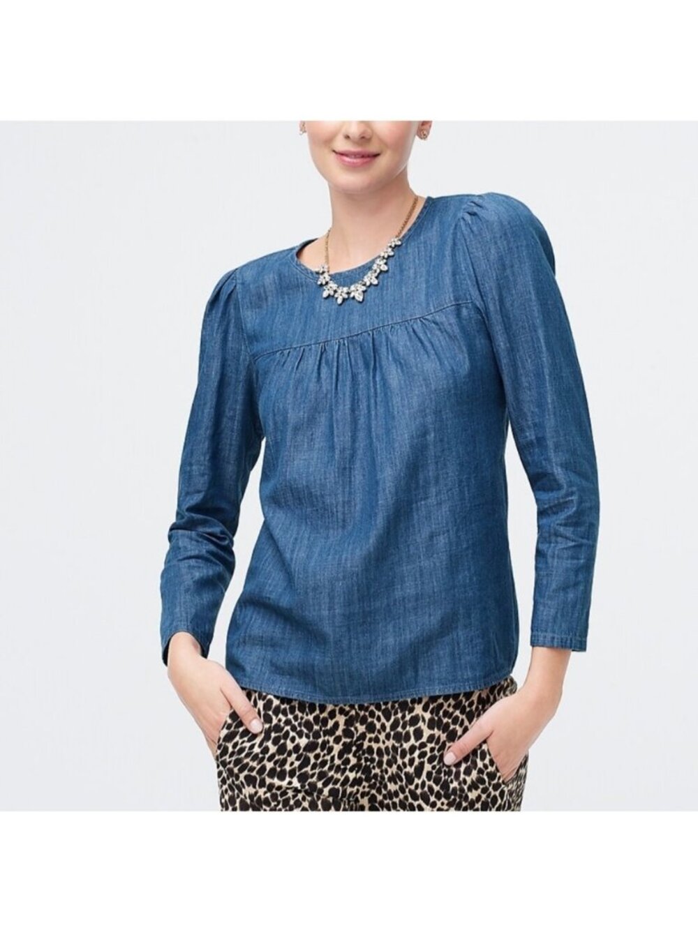 NWT J. Crew Cottage Chambray Puff-Sleeve Top Size Small